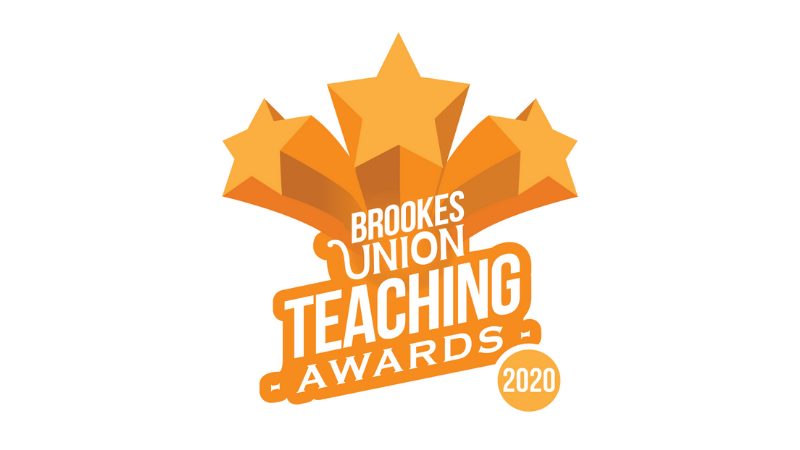 Brookes Union Teaching Awards 2020 logo - white background with orange shooting stars and text